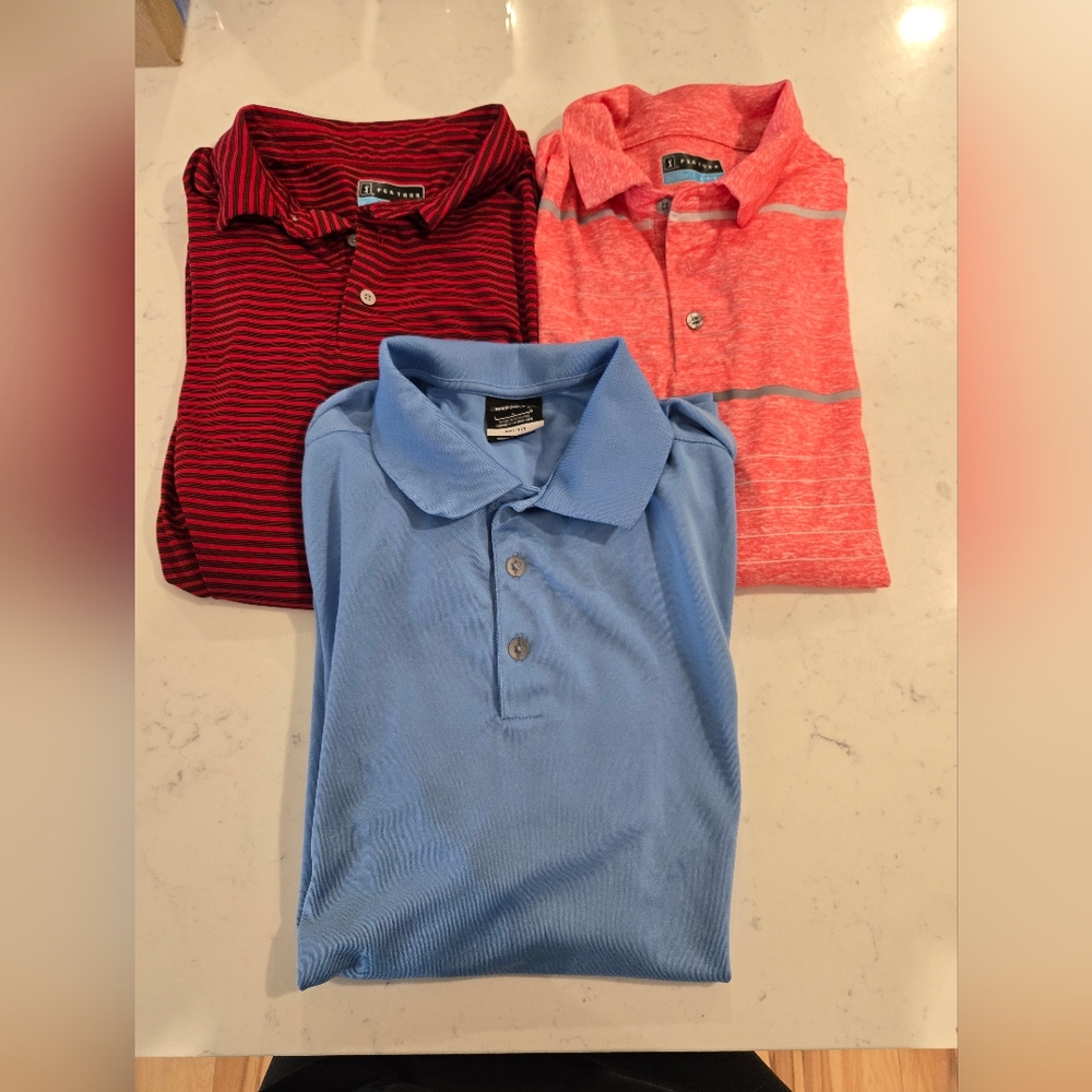 Men's Polo Trio in Light Blue, Red, and Coral, PGA Tour And NIKE